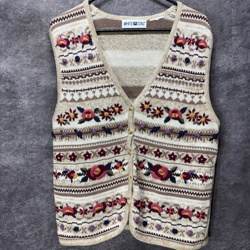 VTG White Stag 3D Floral Knit Gilet Vest Womens L Beige Cottage Country Granny
